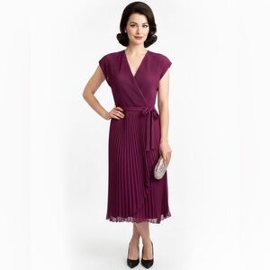 Vintage 1970s Jackie O Purple Pleated Faux Wrap Midi Dress